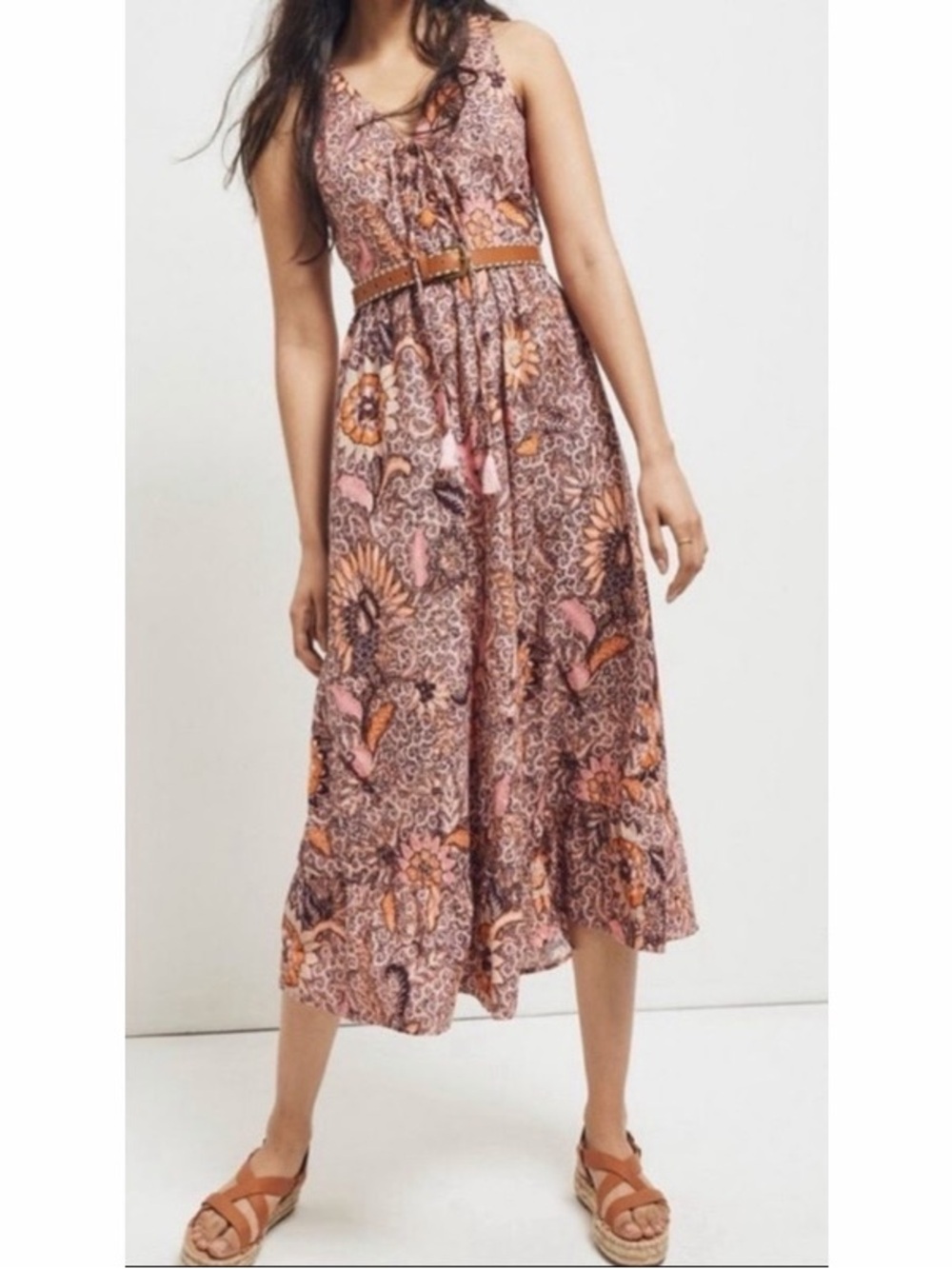 Madewell Lace up Ruffle Hem Floral Sleeveless Midi Dress in Bali Blooms. Size: 4
